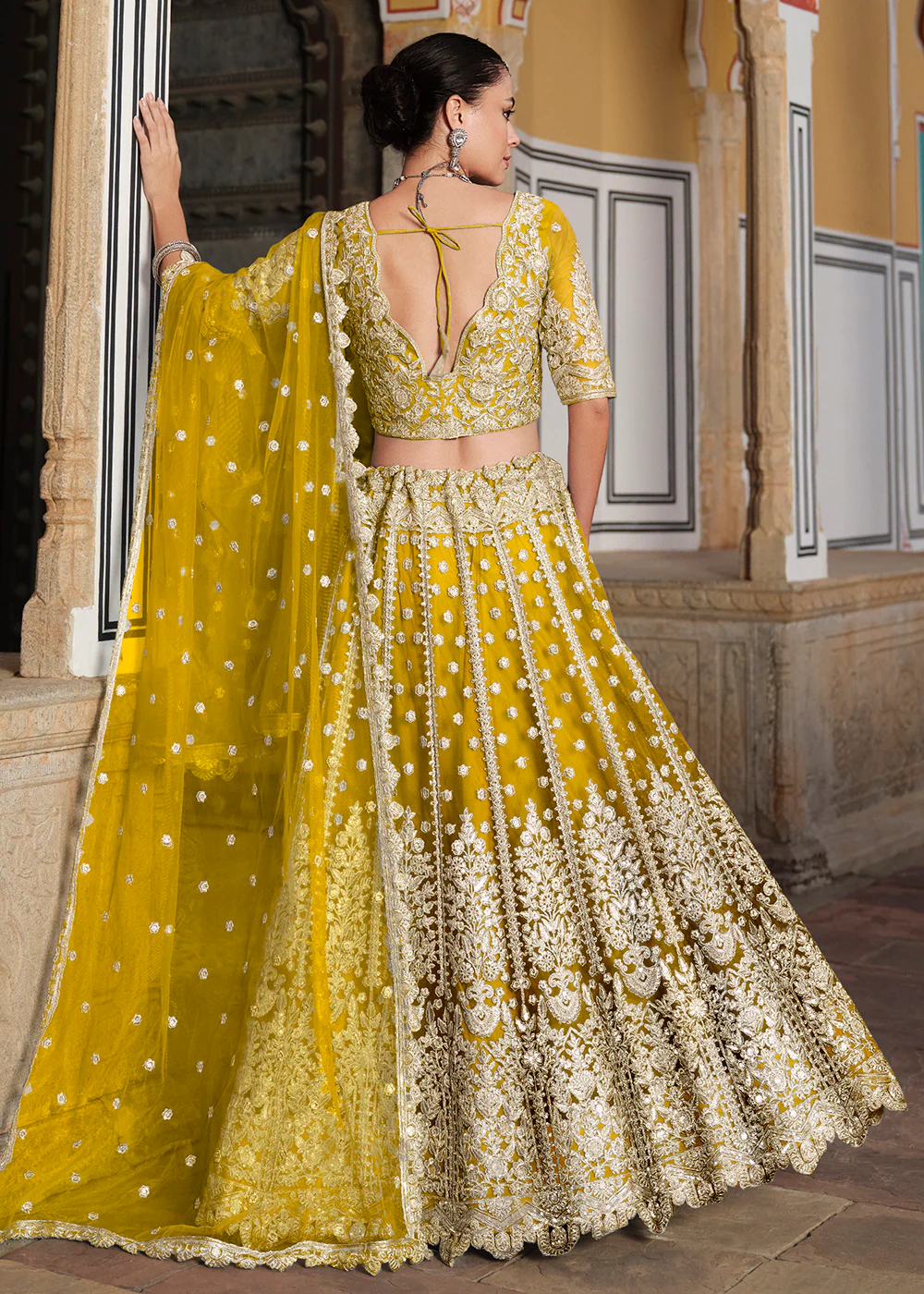 Designer Yellow Net Embroidered Wedding Lehenga Choli - Image 3