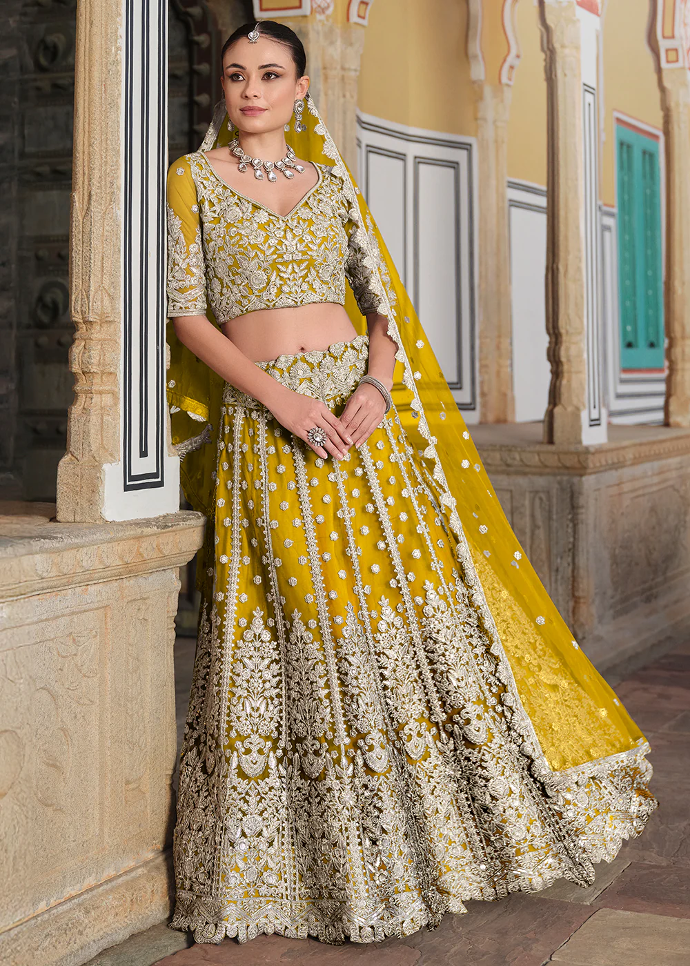 Designer Yellow Net Embroidered Wedding Lehenga Choli - Image 5