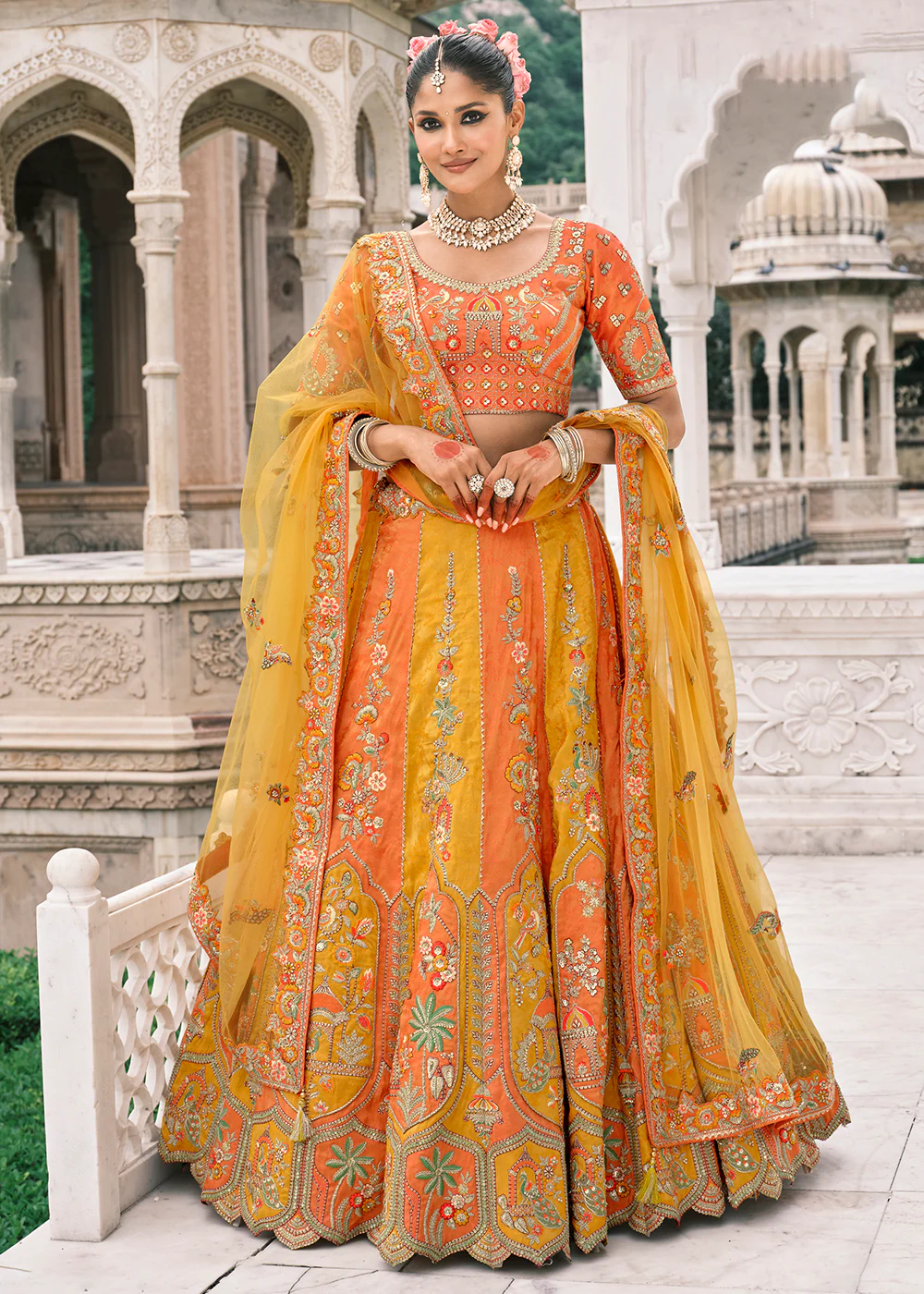 Designer Yellow & Orange Bridal Silk Lehenga Choli