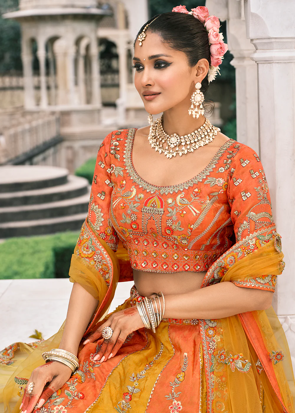 Designer Yellow & Orange Bridal Silk Lehenga Choli - Image 2