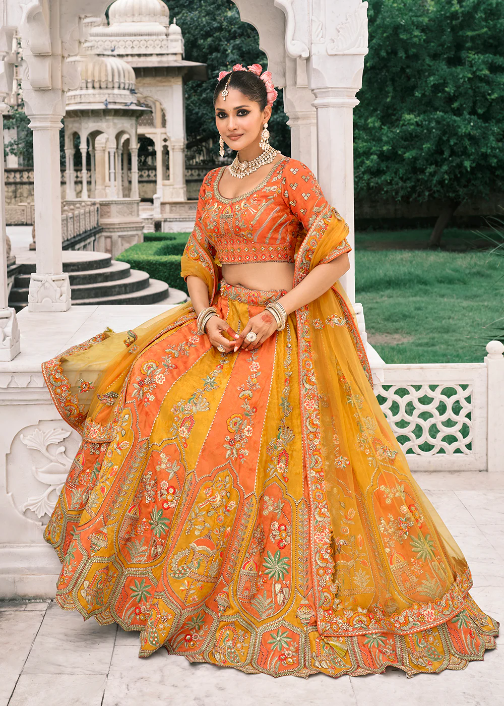 Designer Yellow & Orange Bridal Silk Lehenga Choli - Image 3