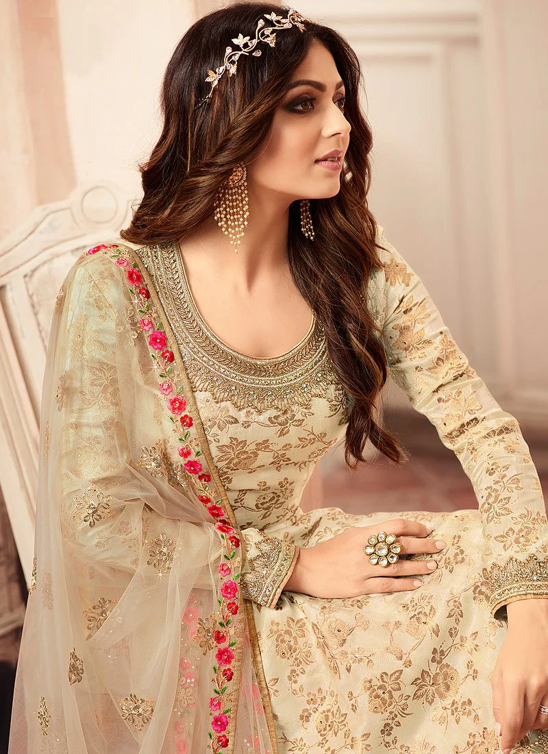 Desirable Cream Embroidered Designer Jacquard Sharara Suit - Image 2