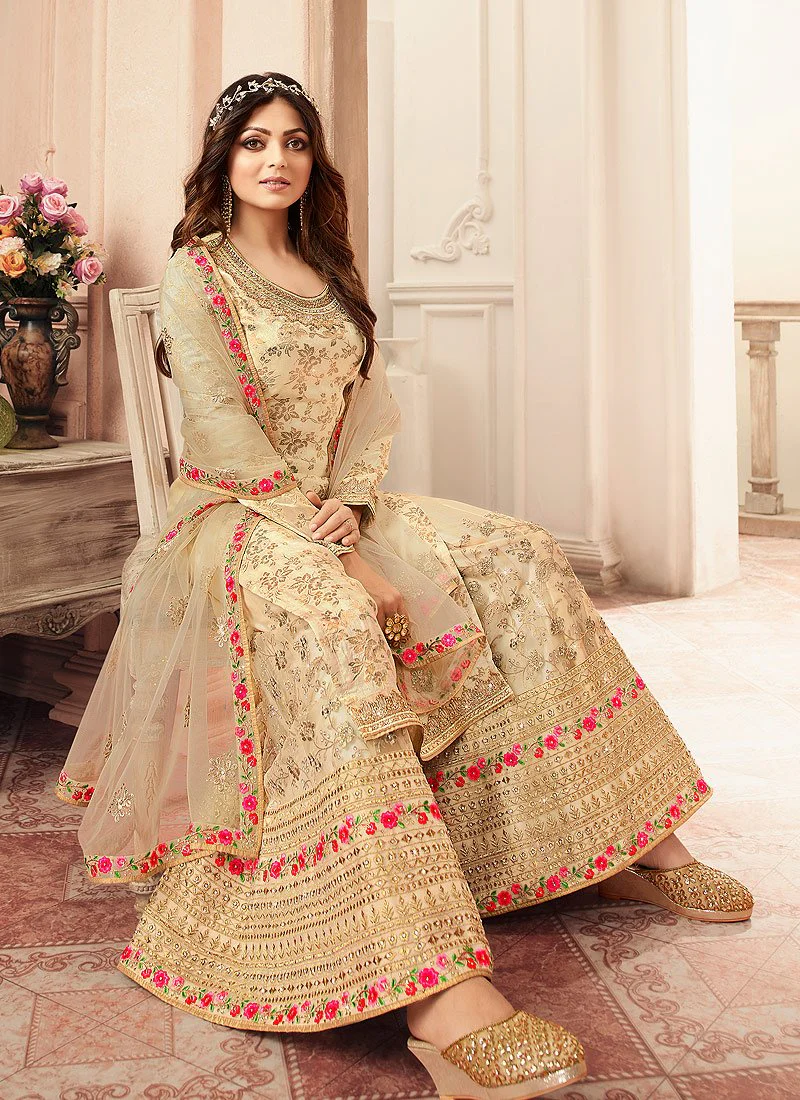 Desirable Cream Embroidered Designer Jacquard Sharara Suit - Image 3