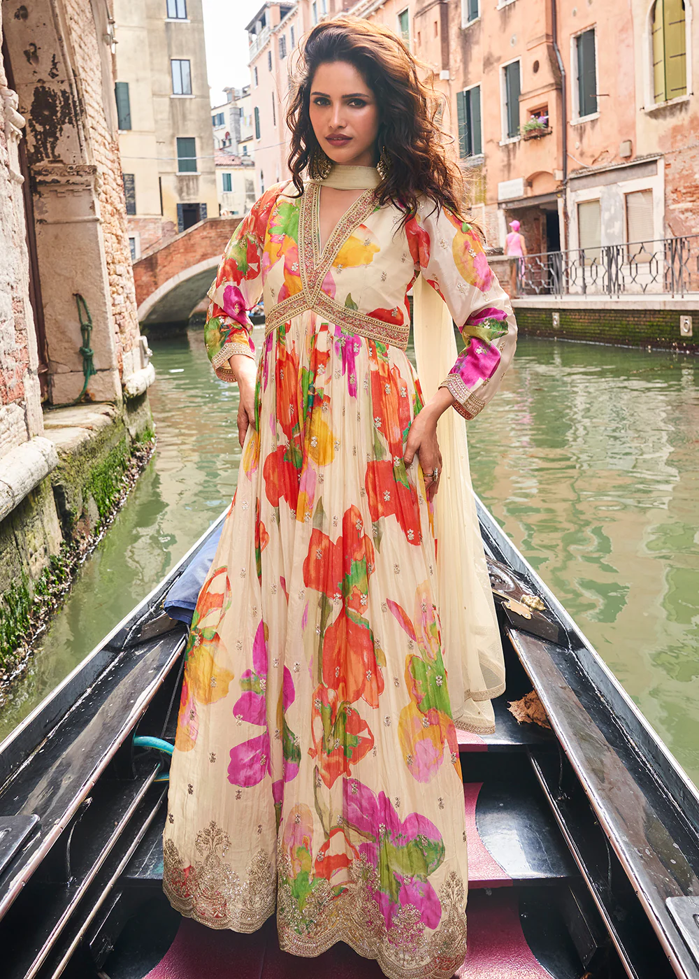 Digital Embroidered Cream Chinnon Festive Anarkali Gown