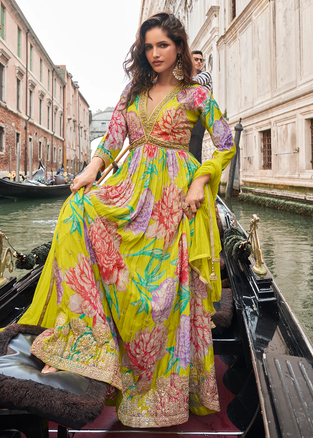 Digital Embroidered Green Chinnon Festive Anarkali Gown - Image 3