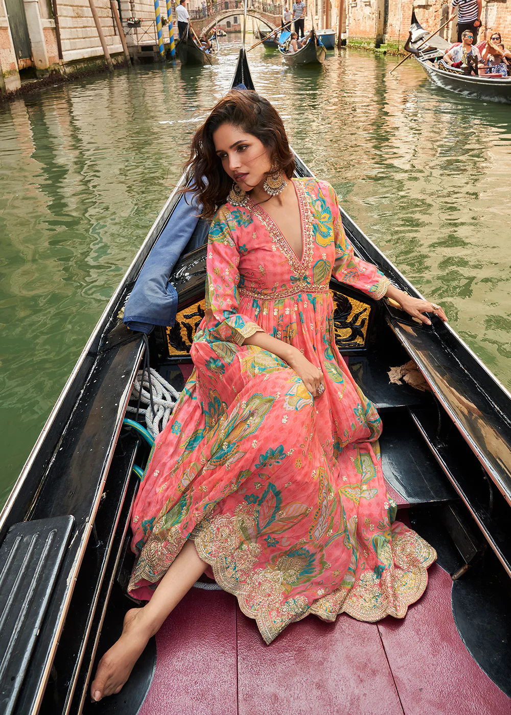 Digital Embroidered Pink Chinnon Festive Anarkali Gown - Image 5