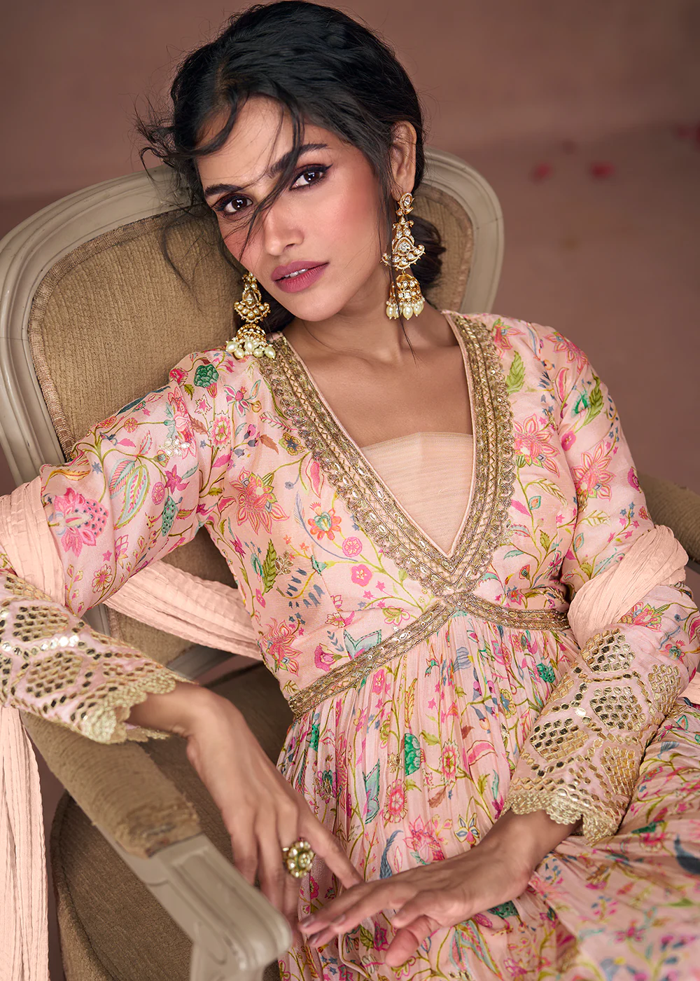 Digital Printed Blush Peach Organza Silk Designer Anarkali Gown - Image 2
