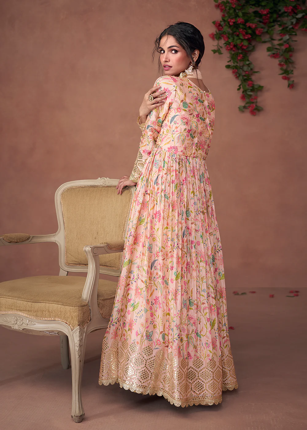 Digital Printed Blush Peach Organza Silk Designer Anarkali Gown - Image 3