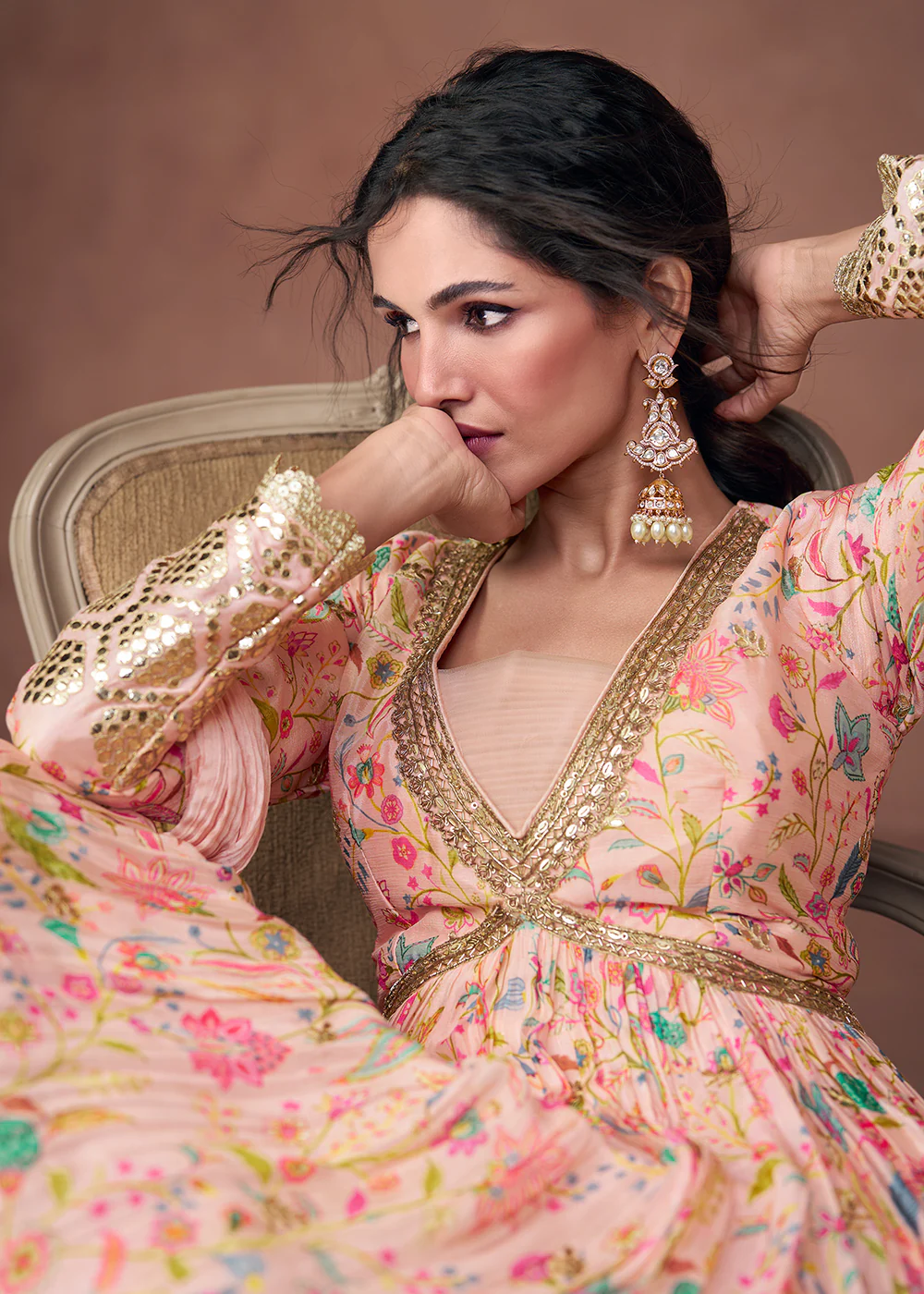 Digital Printed Blush Peach Organza Silk Designer Anarkali Gown - Image 4