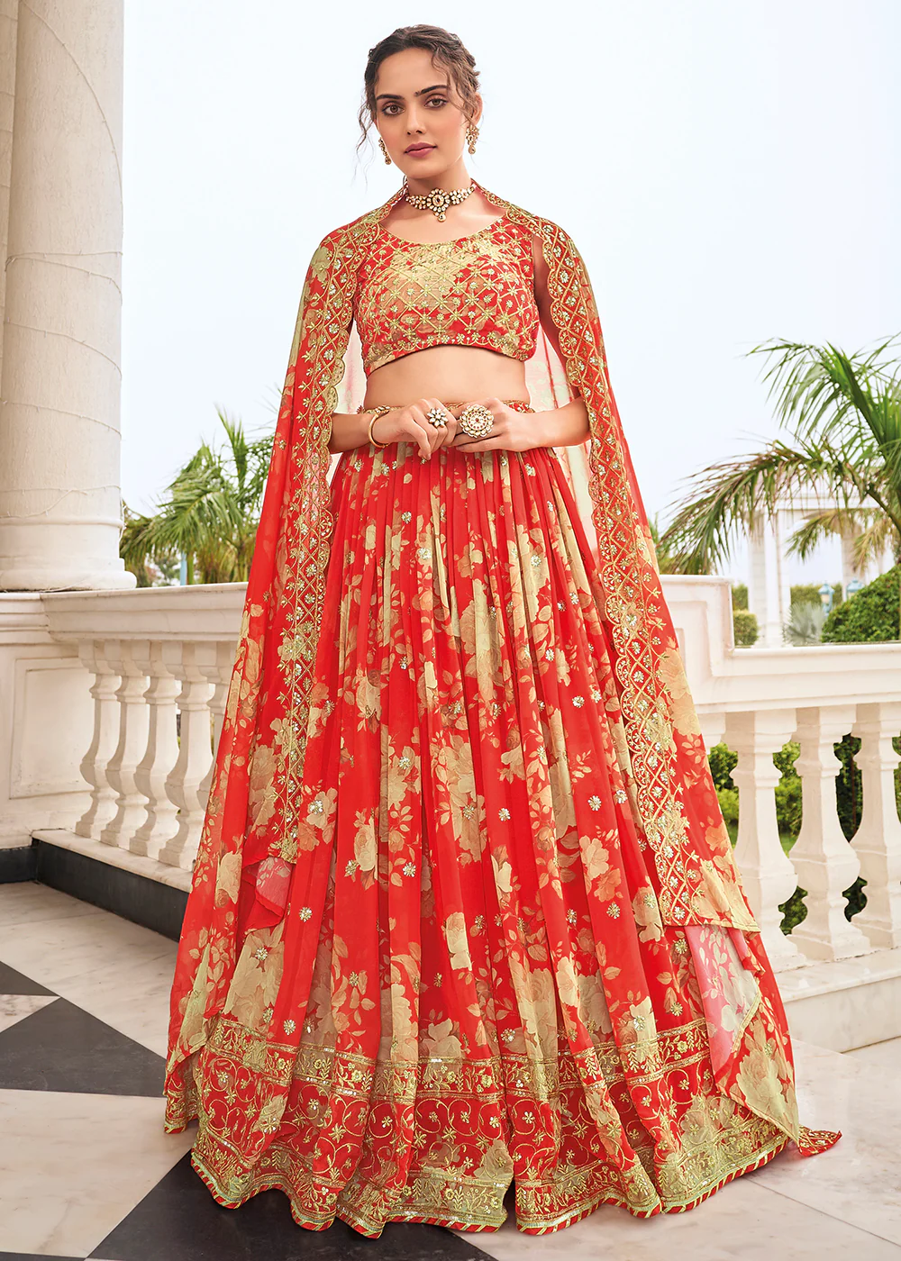 Digital Printed Carrot Red Designer Trendy Lehenga Choli