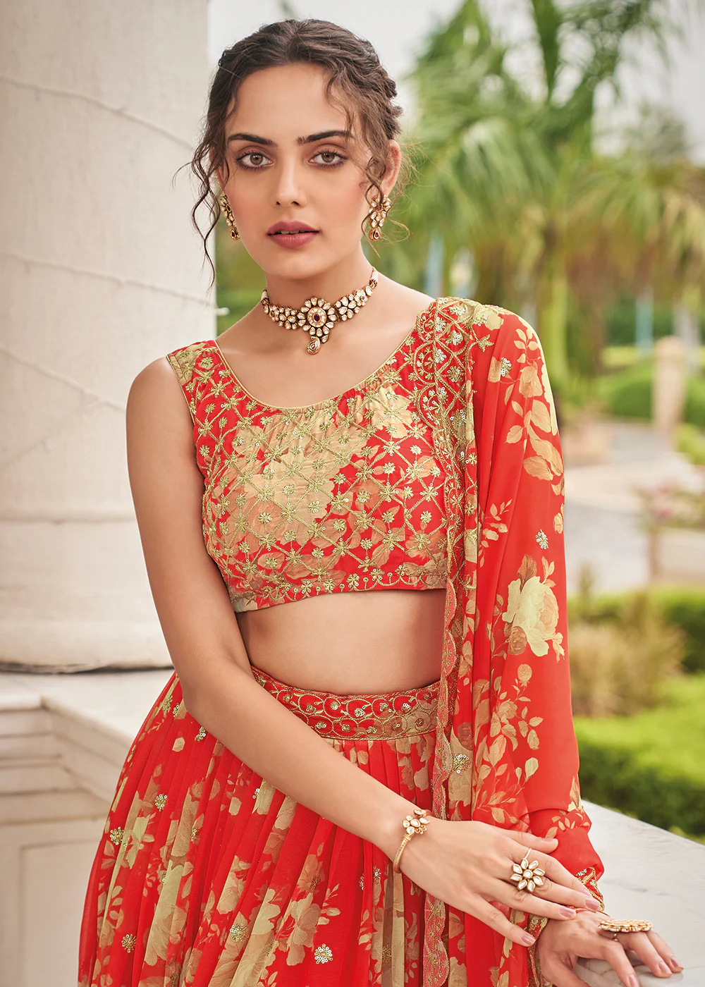Digital Printed Carrot Red Designer Trendy Lehenga Choli - Image 3