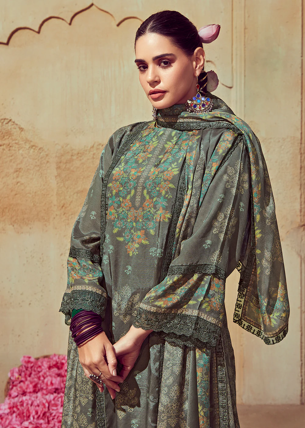 Digital Printed & Embroidered Moss Grey Muslin Salwar Suit - Image 2