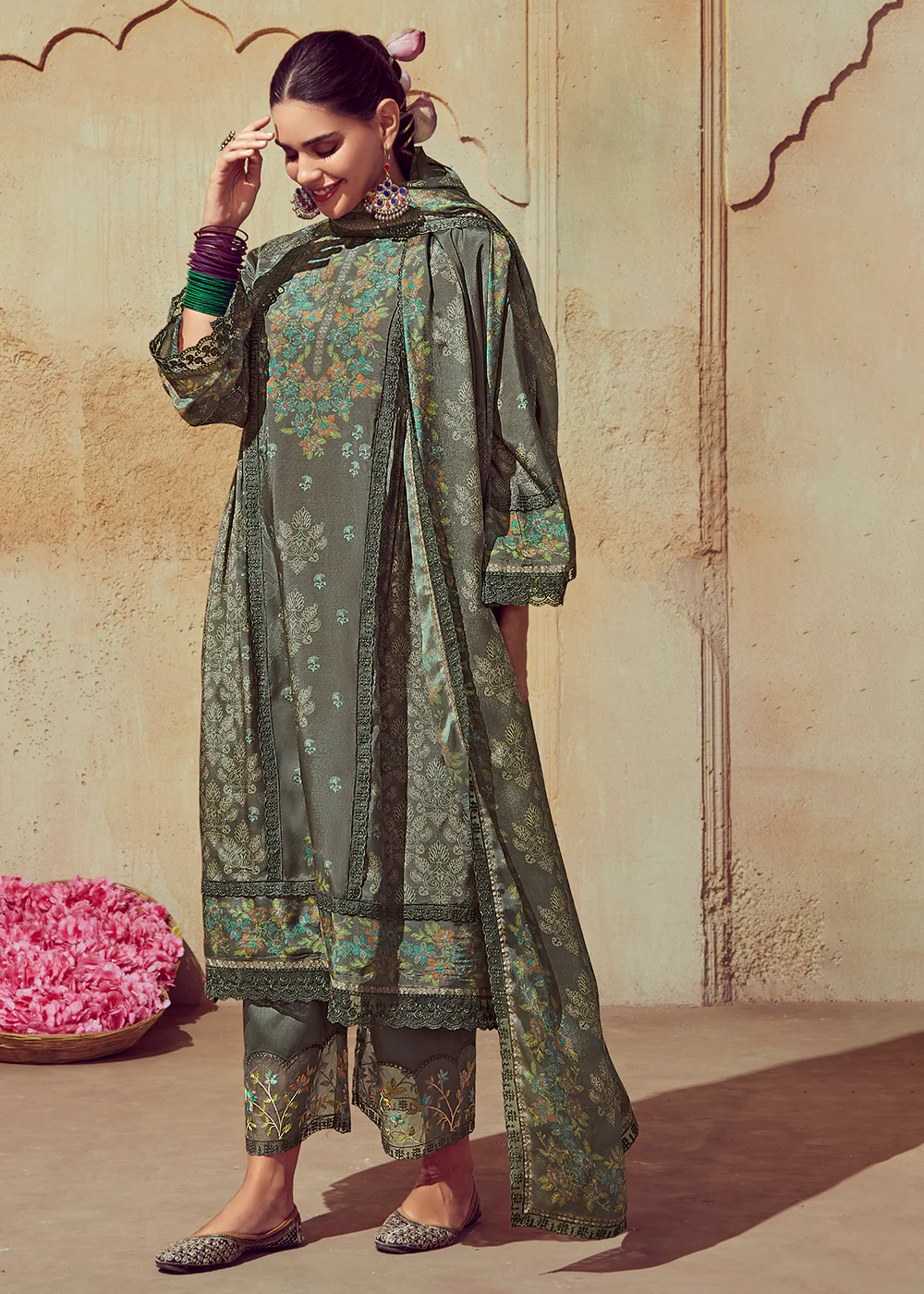 Digital Printed & Embroidered Moss Grey Muslin Salwar Suit - Image 3