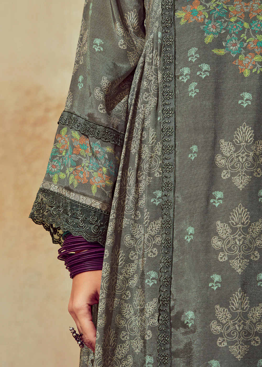 Digital Printed & Embroidered Moss Grey Muslin Salwar Suit - Image 4