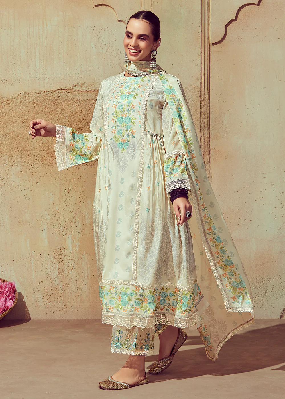 Digital Printed & Embroidered Off White Muslin Salwar Suit