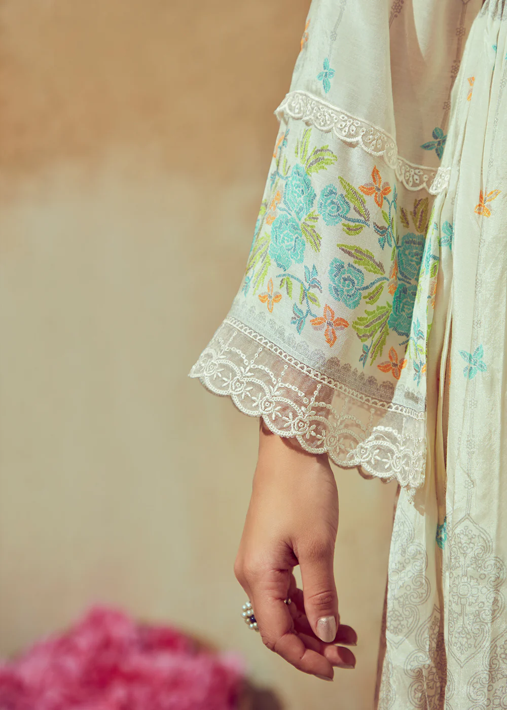 Digital Printed & Embroidered Off White Muslin Salwar Suit - Image 3