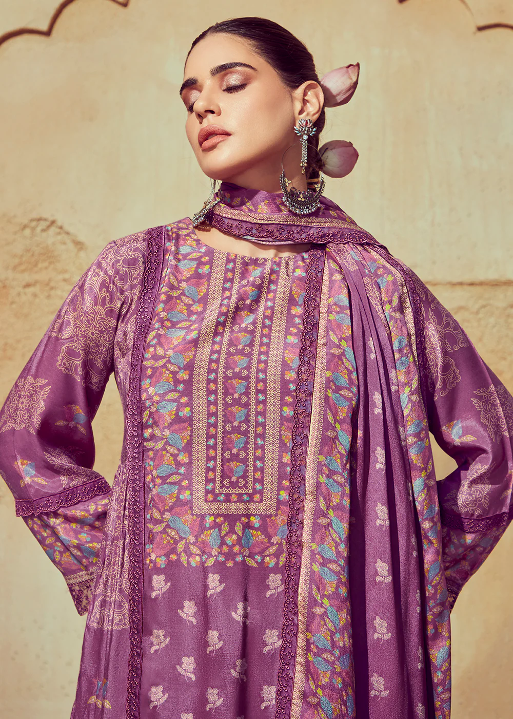 Digital Printed & Embroidered Onion Pink Muslin Salwar Suit - Image 2