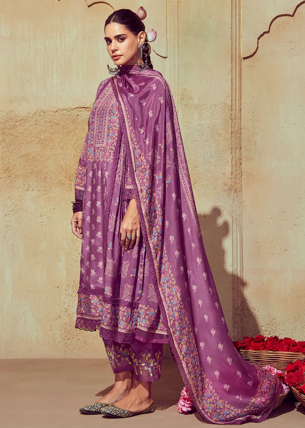 Digital Printed & Embroidered Onion Pink Muslin Salwar Suit - Image 3