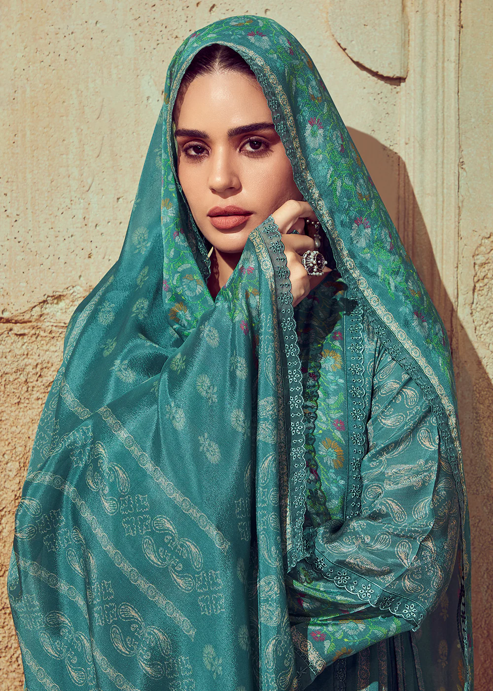 Digital Printed & Embroidered Rama Green Muslin Salwar Suit - Image 2
