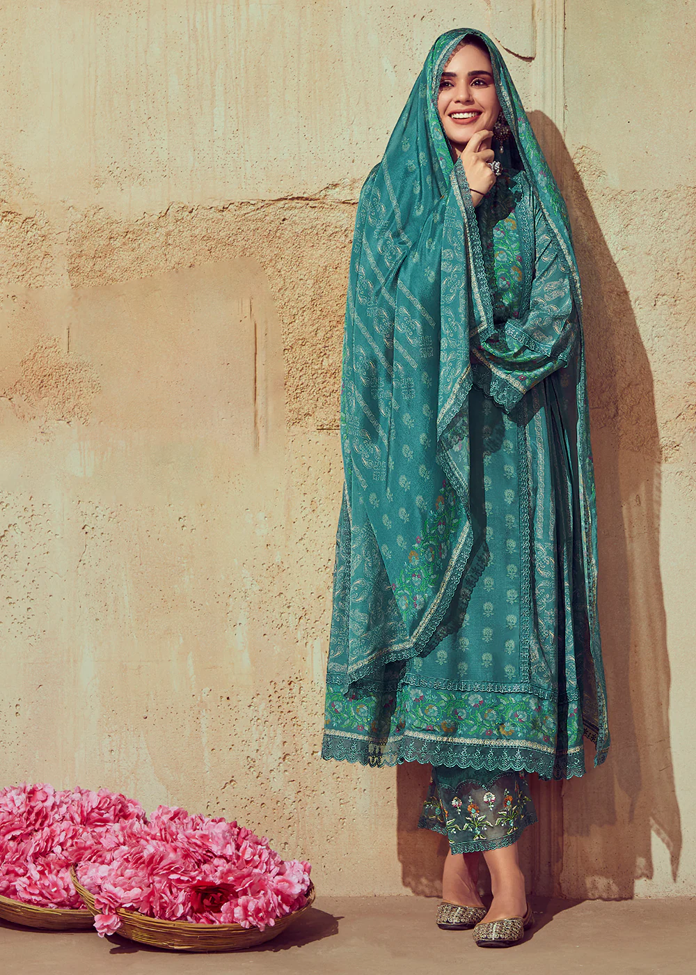 Digital Printed & Embroidered Rama Green Muslin Salwar Suit - Image 3