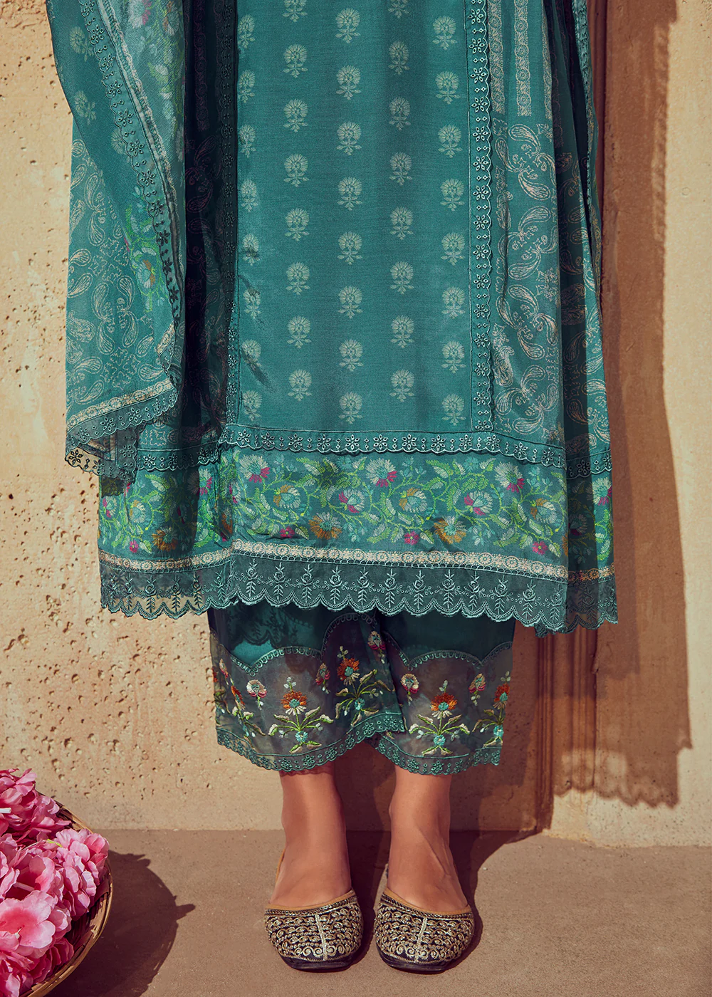Digital Printed & Embroidered Rama Green Muslin Salwar Suit - Image 4