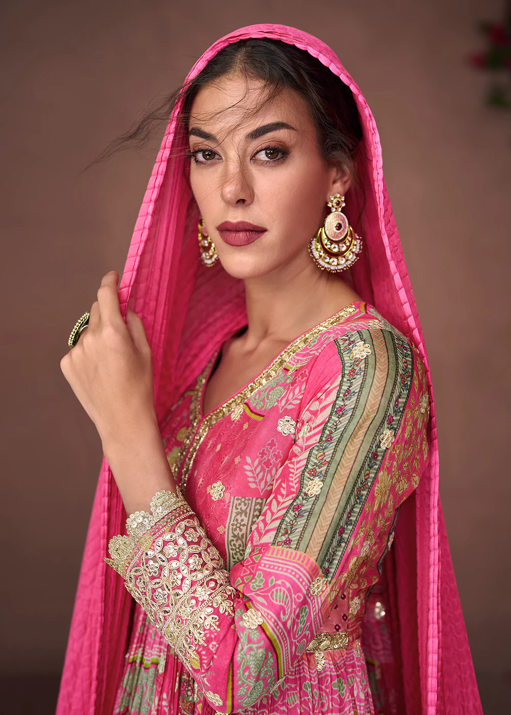 Digital Printed Fuchsia Pink Organza Silk Designer Anarkali Gown - Image 2