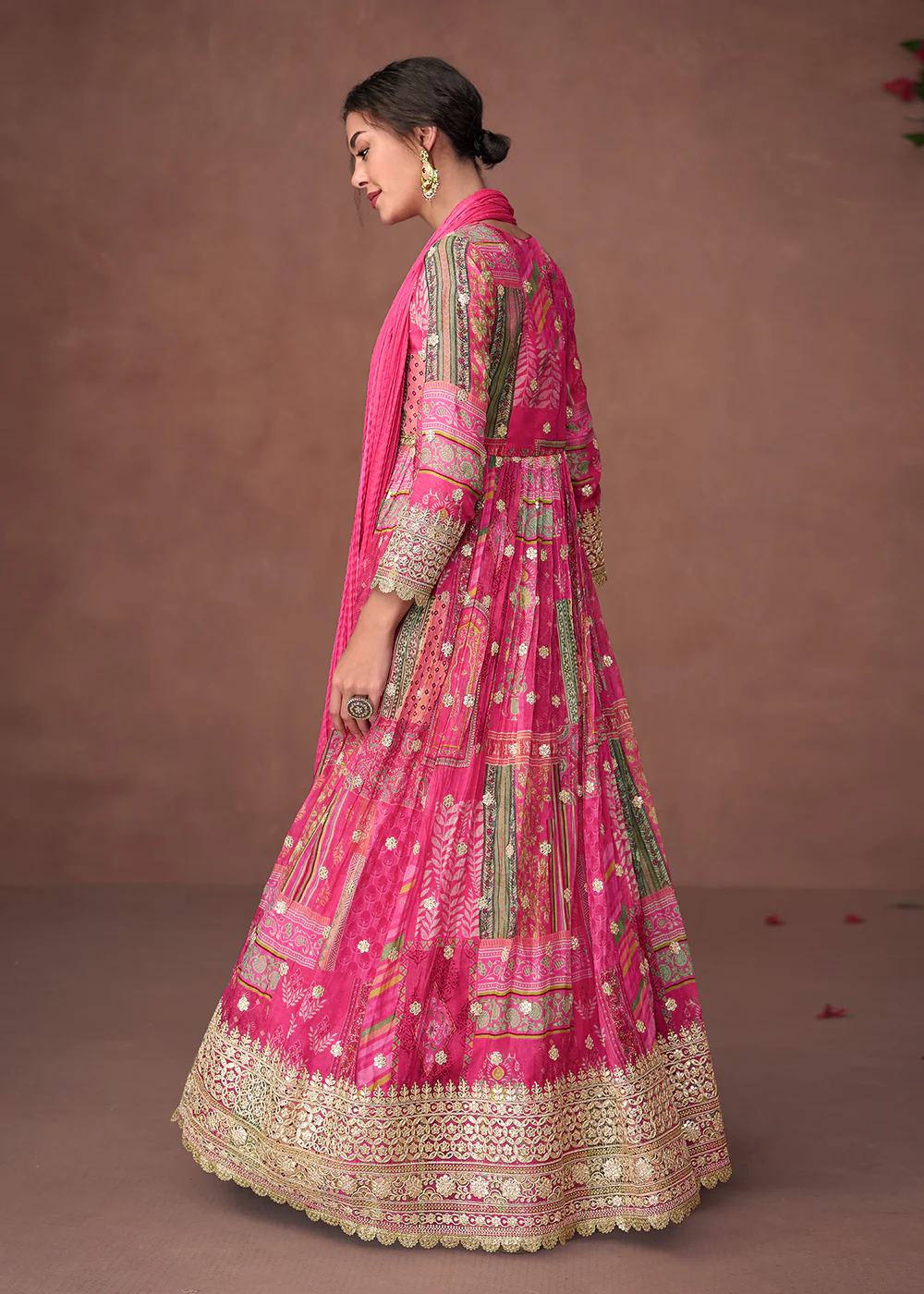 Digital Printed Fuchsia Pink Organza Silk Designer Anarkali Gown - Image 3