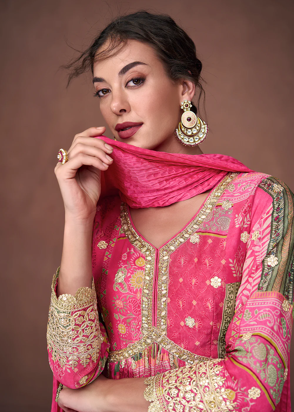 Digital Printed Fuchsia Pink Organza Silk Designer Anarkali Gown - Image 4