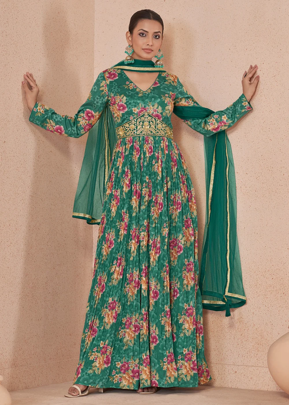 Digital Printed Green Embroidered Wedding Anarkali Gown - Image 3