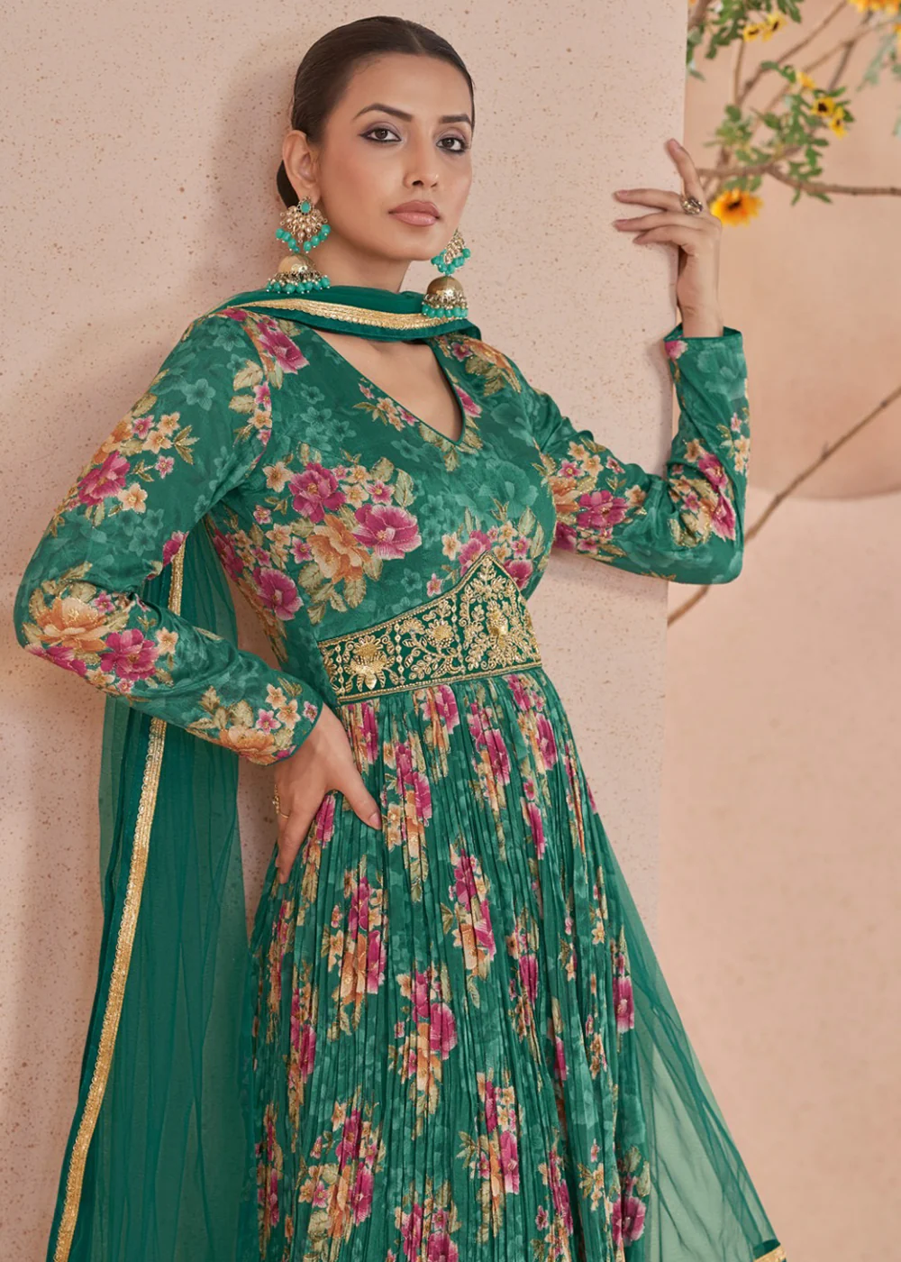 Digital Printed Green Embroidered Wedding Anarkali Gown - Image 4
