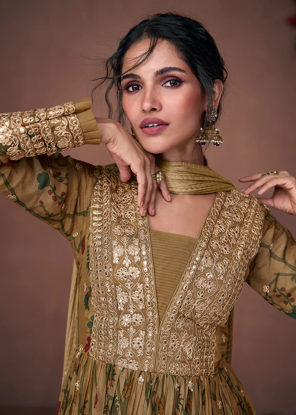Digital Printed Mehndi Green Organza Silk Designer Anarkali Gown - Image 2