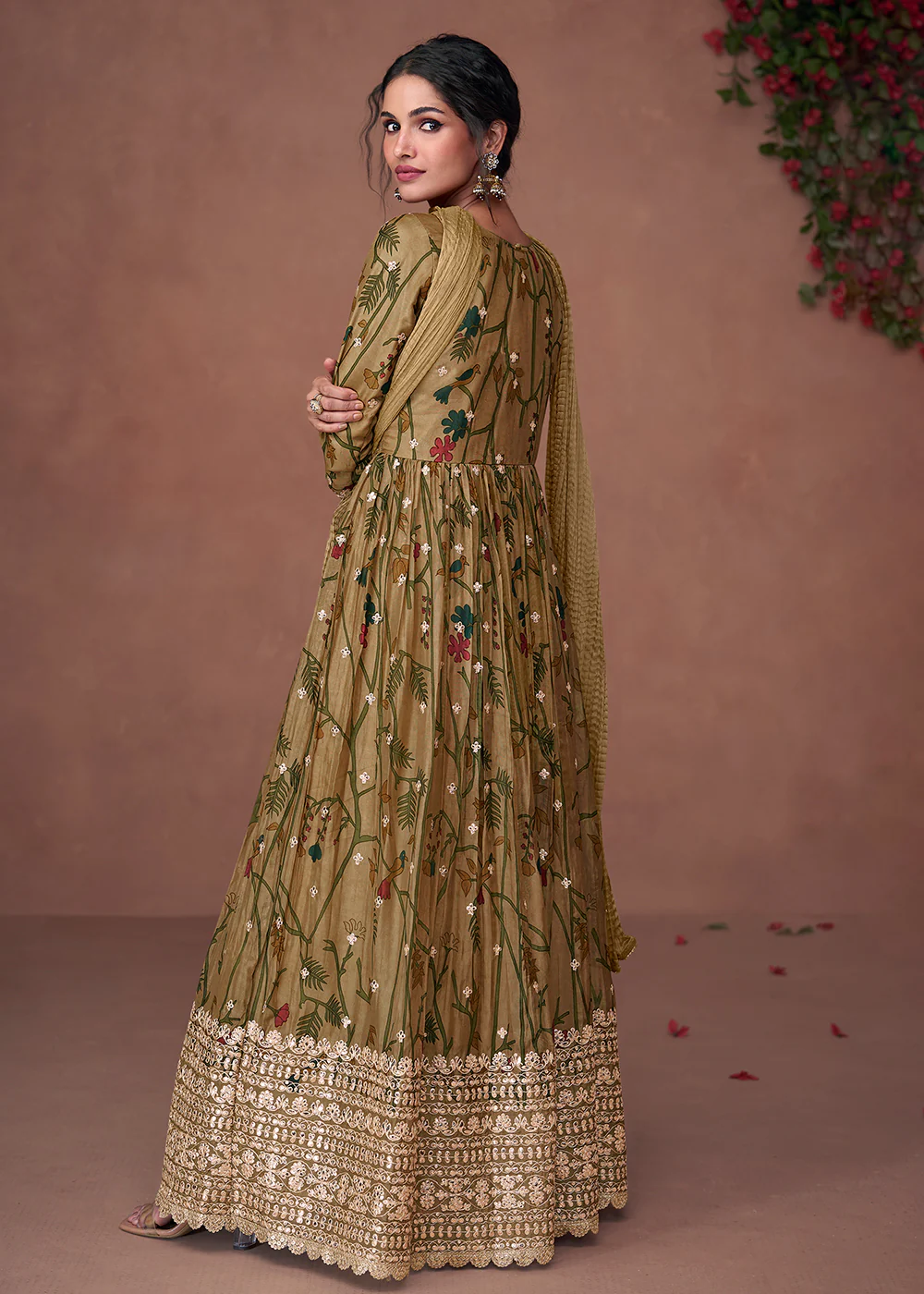 Digital Printed Mehndi Green Organza Silk Designer Anarkali Gown - Image 3