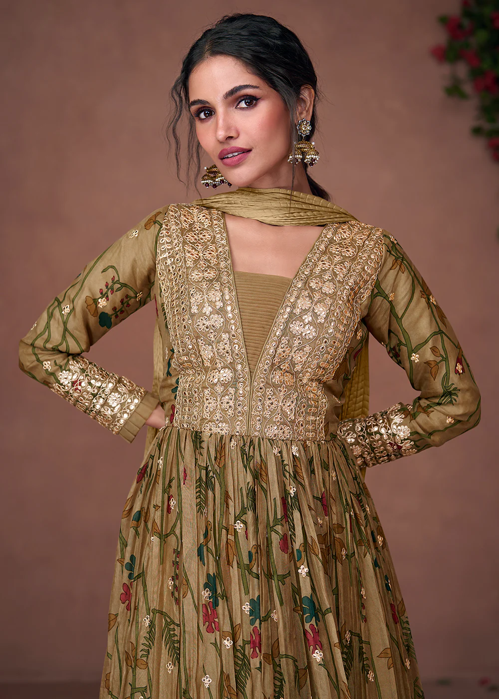 Digital Printed Mehndi Green Organza Silk Designer Anarkali Gown - Image 4