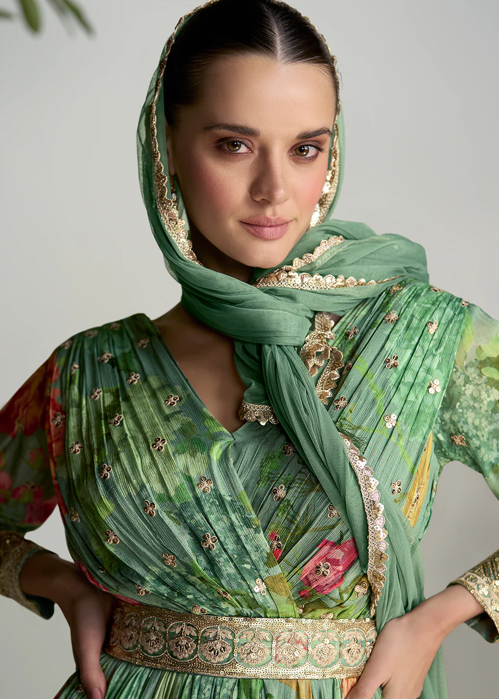 Digital Printed & Mirror Embroidered Anarkali Gown in Green - Image 2