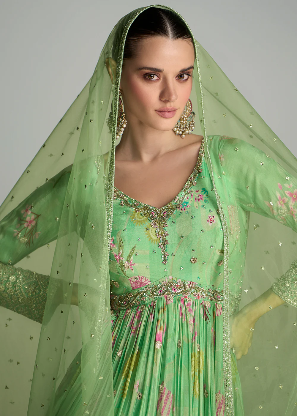 Digital Printed & Mirror Embroidered Anarkali Gown in Light Green - Image 2