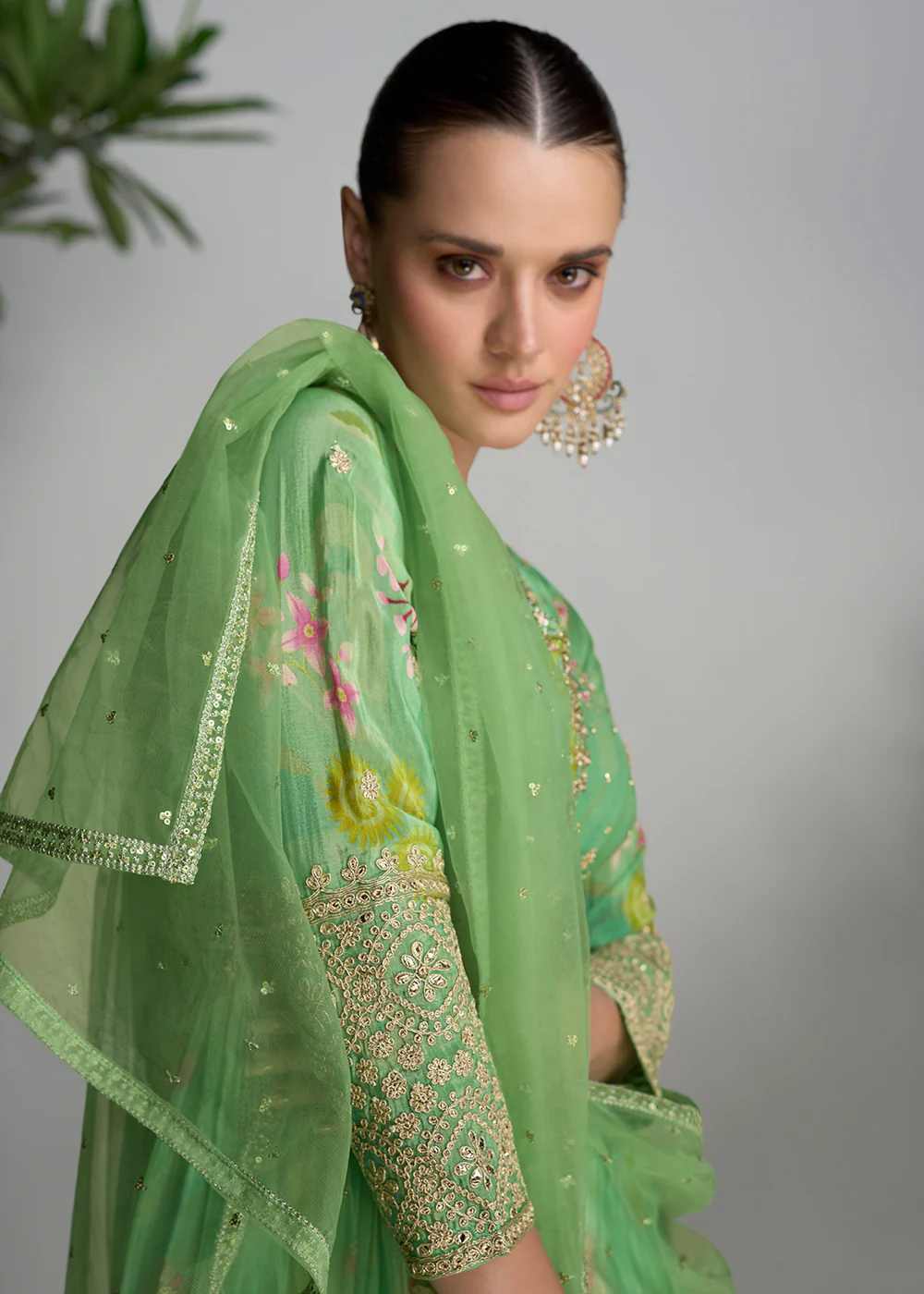 Digital Printed & Mirror Embroidered Anarkali Gown in Light Green - Image 3