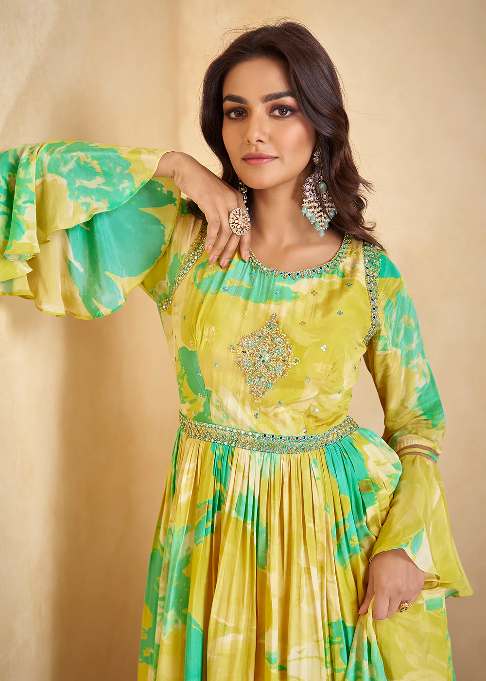 Digital Printed & Mirror Embroidered Anarkali Gown in Yellow - Image 2