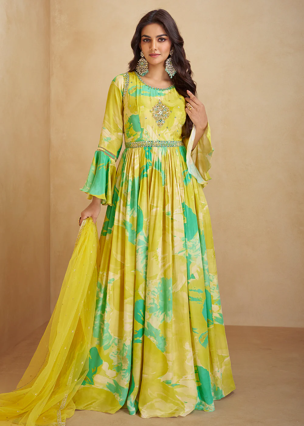 Digital Printed & Mirror Embroidered Anarkali Gown in Yellow - Image 3