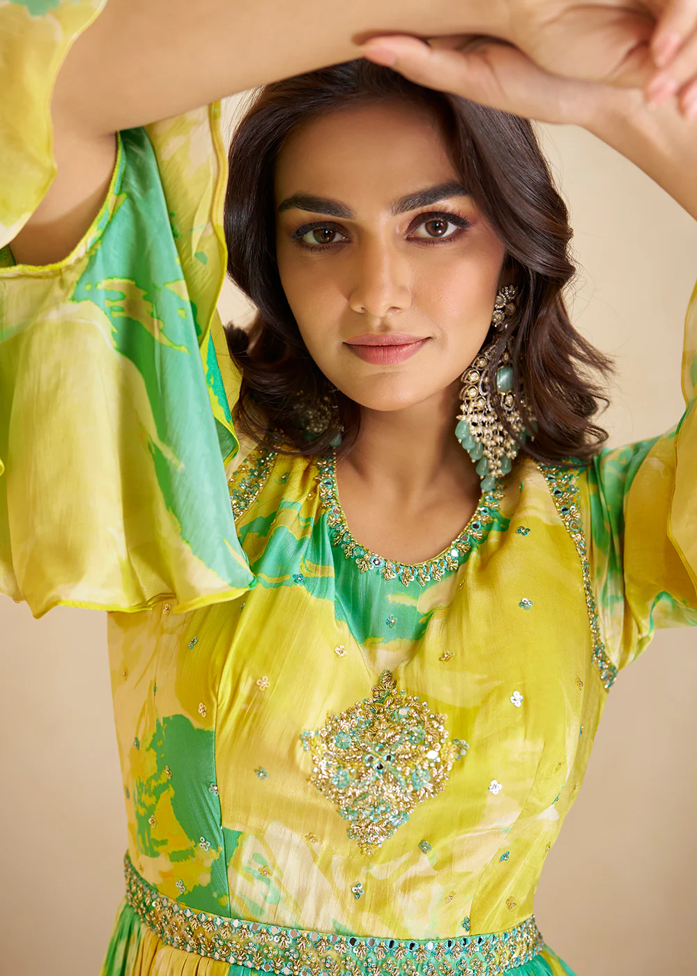 Digital Printed & Mirror Embroidered Anarkali Gown in Yellow - Image 4