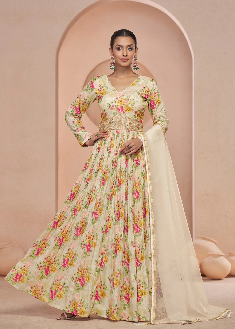 Digital Printed Off White Embroidered Wedding Anarkali Gown - Image 3