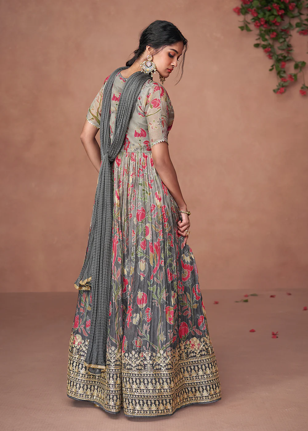 Digital Printed Ombre Grey Organza Silk Designer Anarkali Gown - Image 3