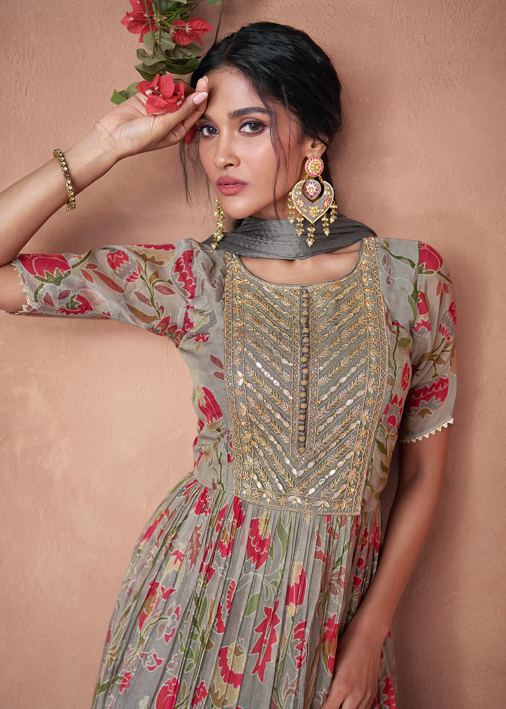 Digital Printed Ombre Grey Organza Silk Designer Anarkali Gown - Image 4