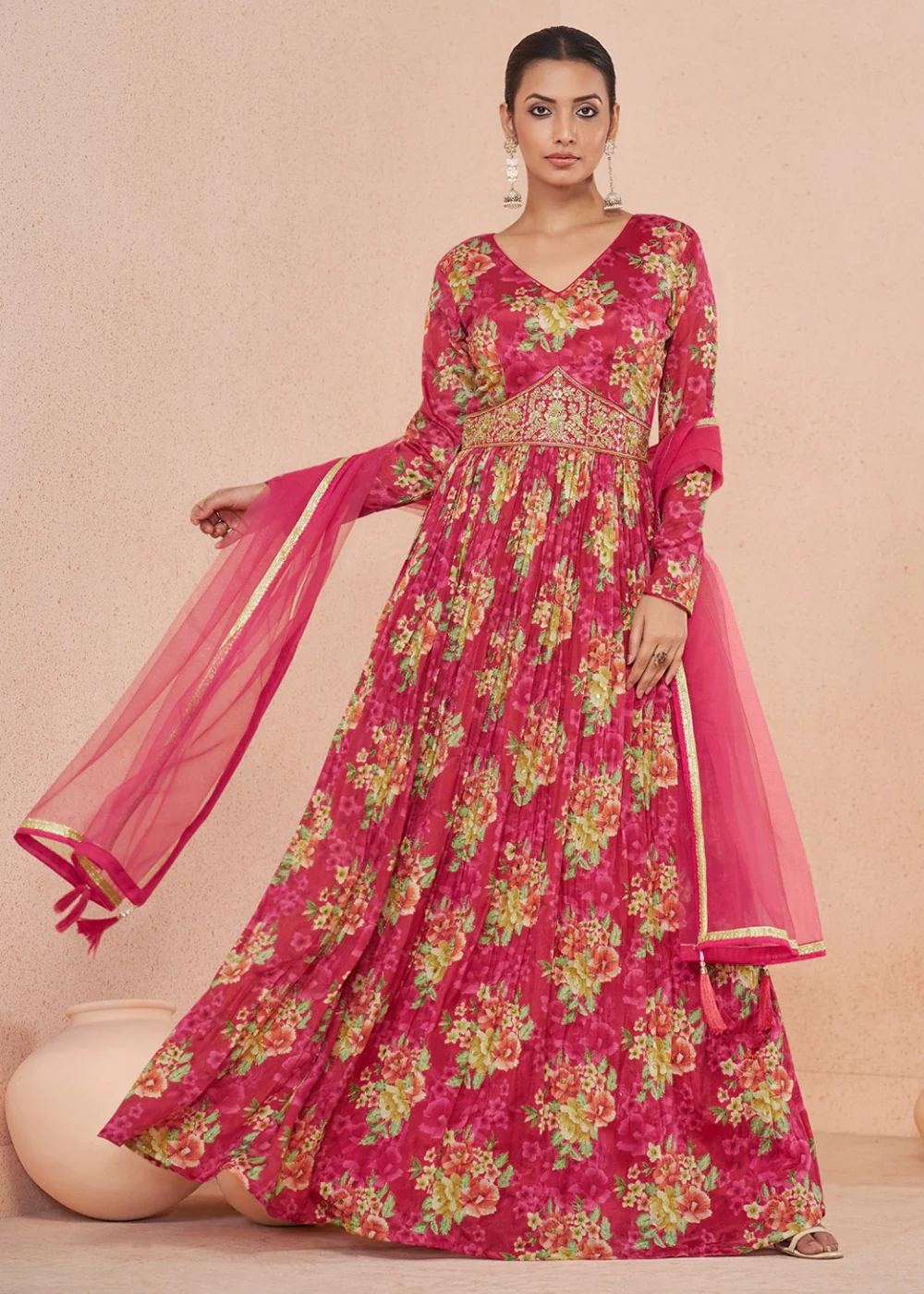 Digital Printed Pink Embroidered Wedding Anarkali Gown - Image 3