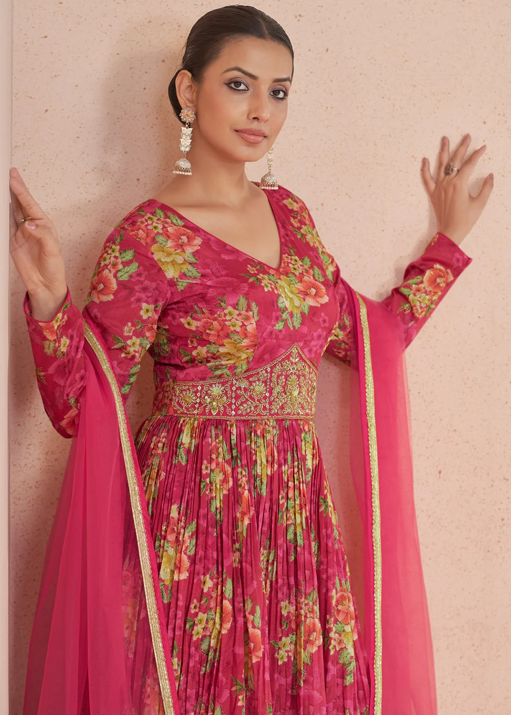 Digital Printed Pink Embroidered Wedding Anarkali Gown - Image 4