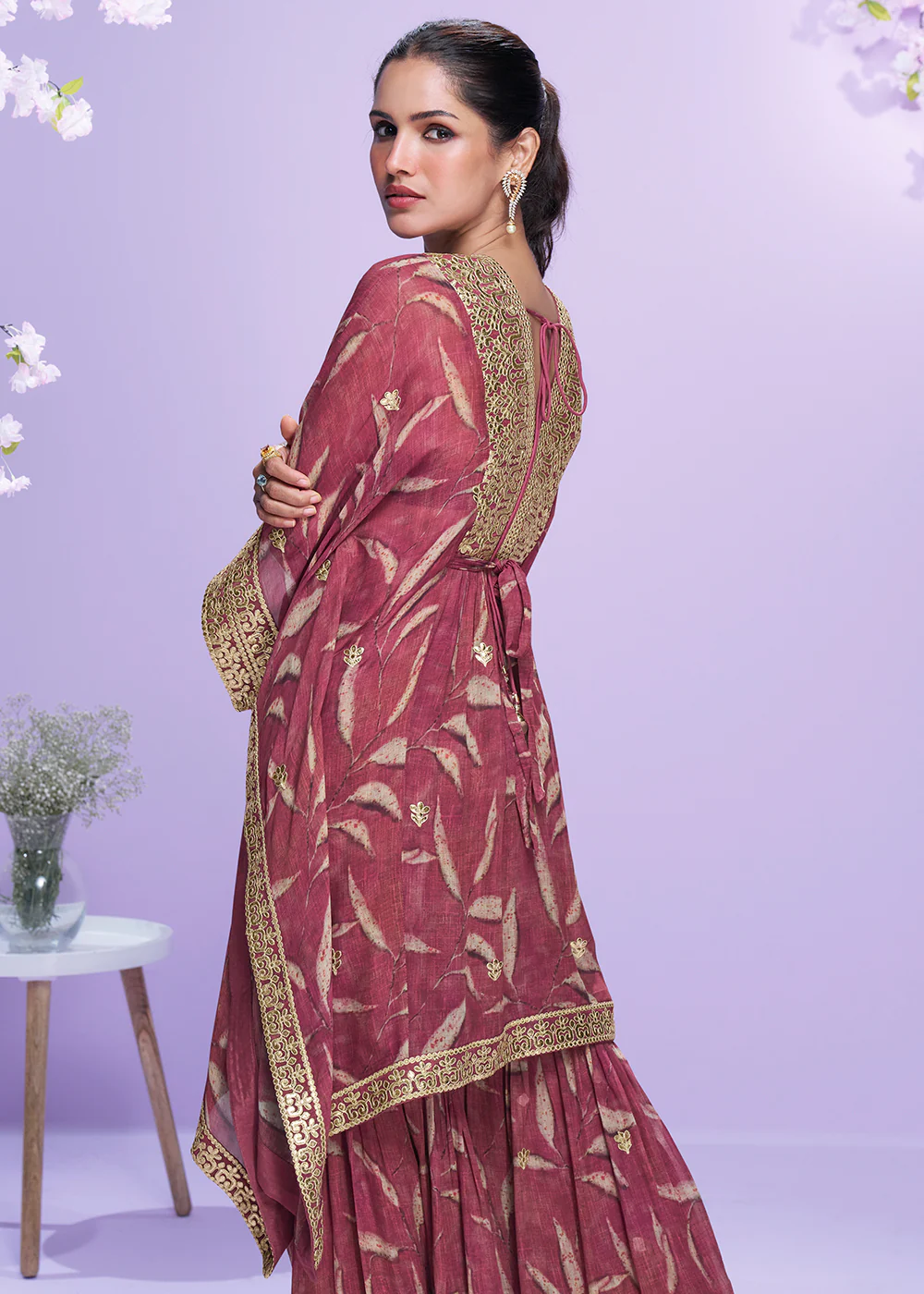 Digital Printed Pink Georgette Kaftan Style Gharara Suit - Image 3