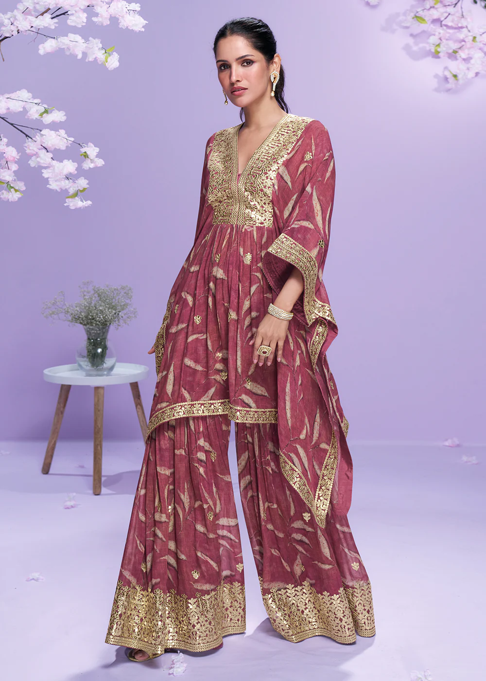 Digital Printed Pink Georgette Kaftan Style Gharara Suit - Image 4
