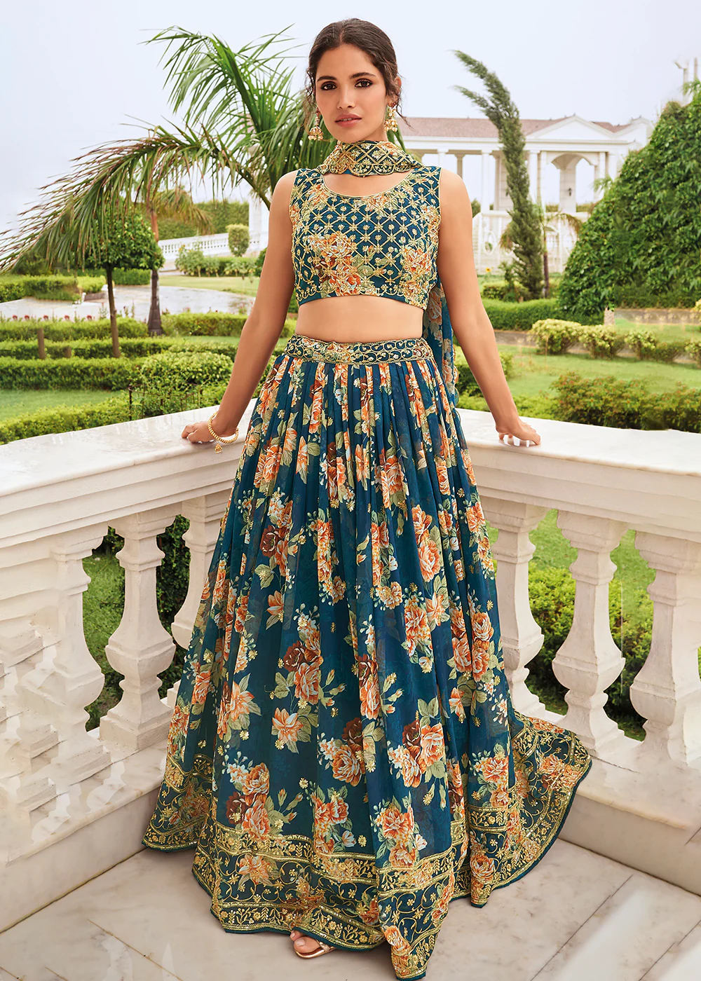 Digital Printed Teal Blue Designer Trendy Lehenga Choli