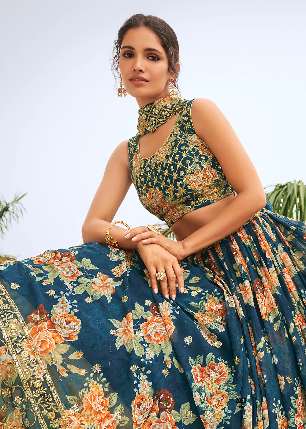 Digital Printed Teal Blue Designer Trendy Lehenga Choli - Image 3