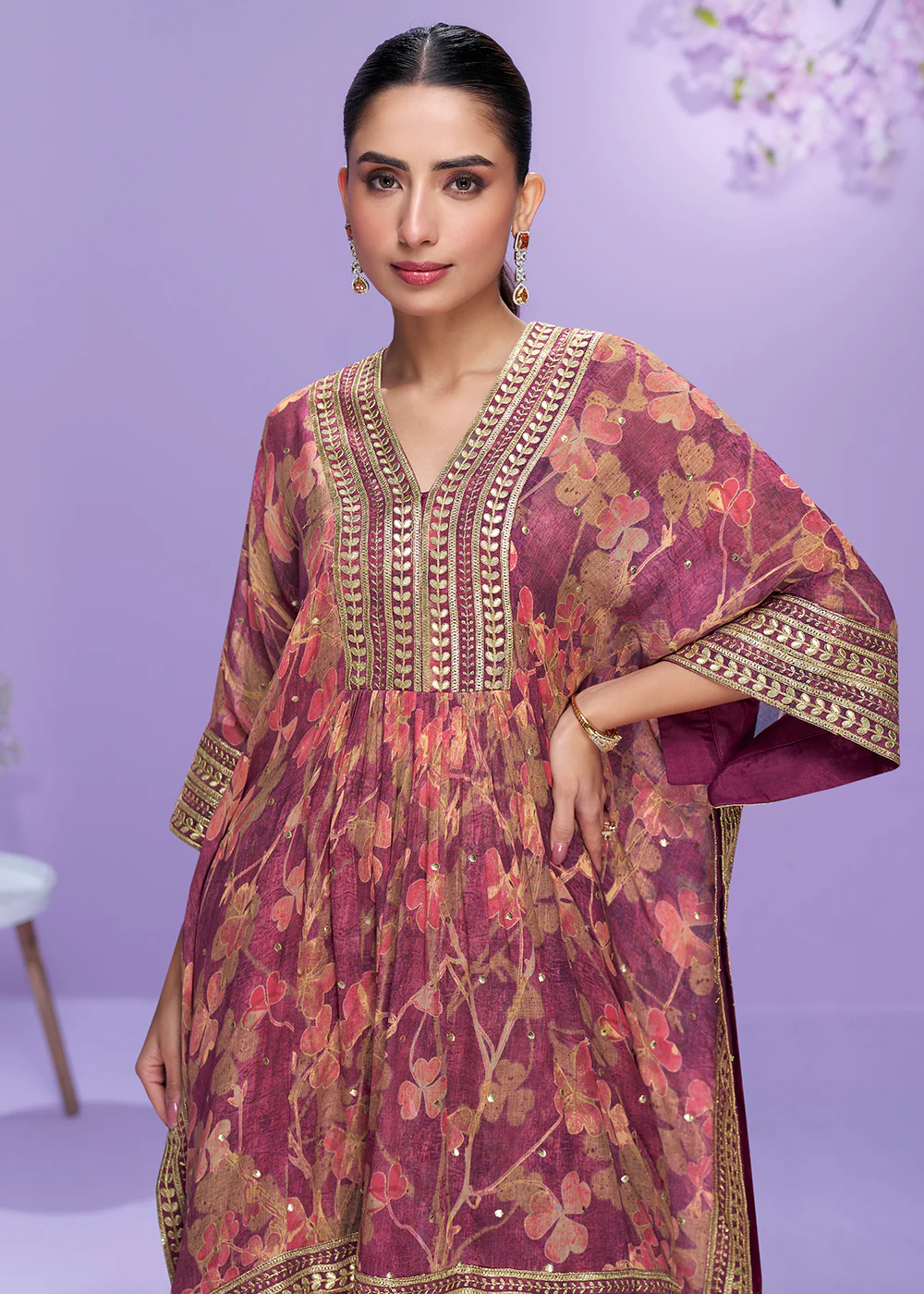 Digital Printed Wine Georgette Kaftan Style Gharara Suit - Image 2