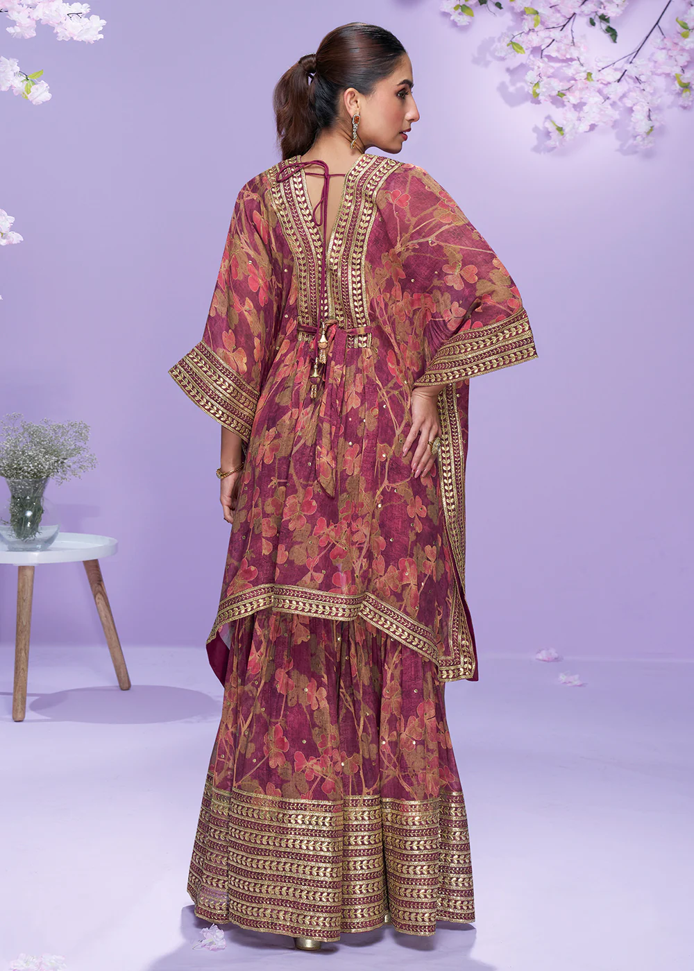 Digital Printed Wine Georgette Kaftan Style Gharara Suit - Image 3